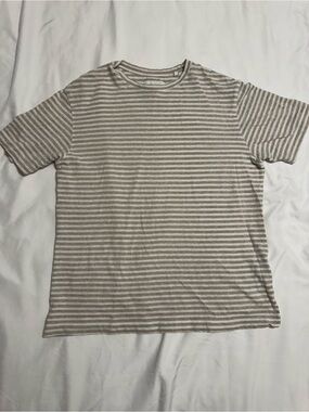 Men's Beige and White Striped Crewneck Tee